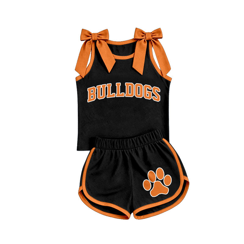 custom moq 5 mix size KEWT01 Baby Girls Orange Bow Sleeveless Black Top Shorts Team Outfit Set