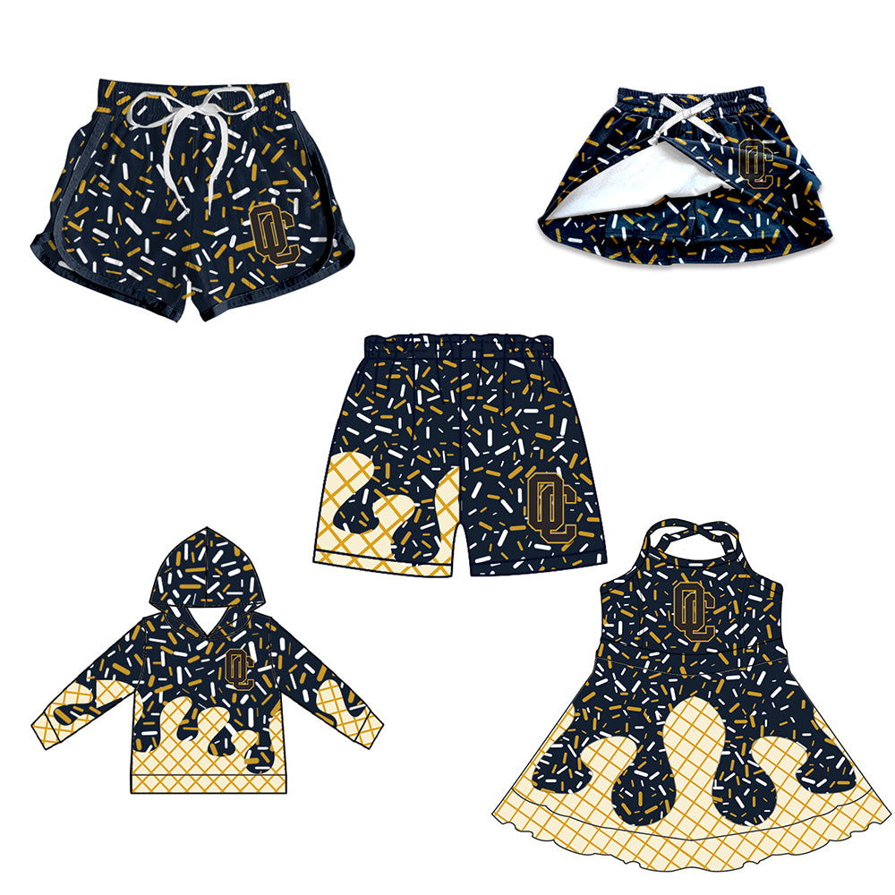 Custom moq 5 mix size milk silk baby girls clothes team black hooded long sleeve tops and skirt and dress and shorts 1 and shorts 2-25.7.4
