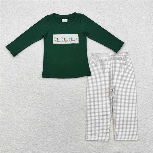 RTS NO MOQ（In Stock) Baby Boys green embroidery Duck Pocket Top Pants Outfits Sets