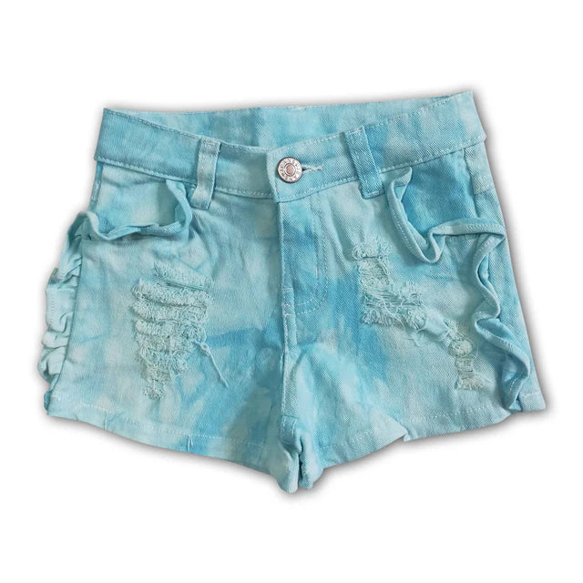RTS NO MOQ Sibling Baby Girls turquoise color summer ruffle denim shorts