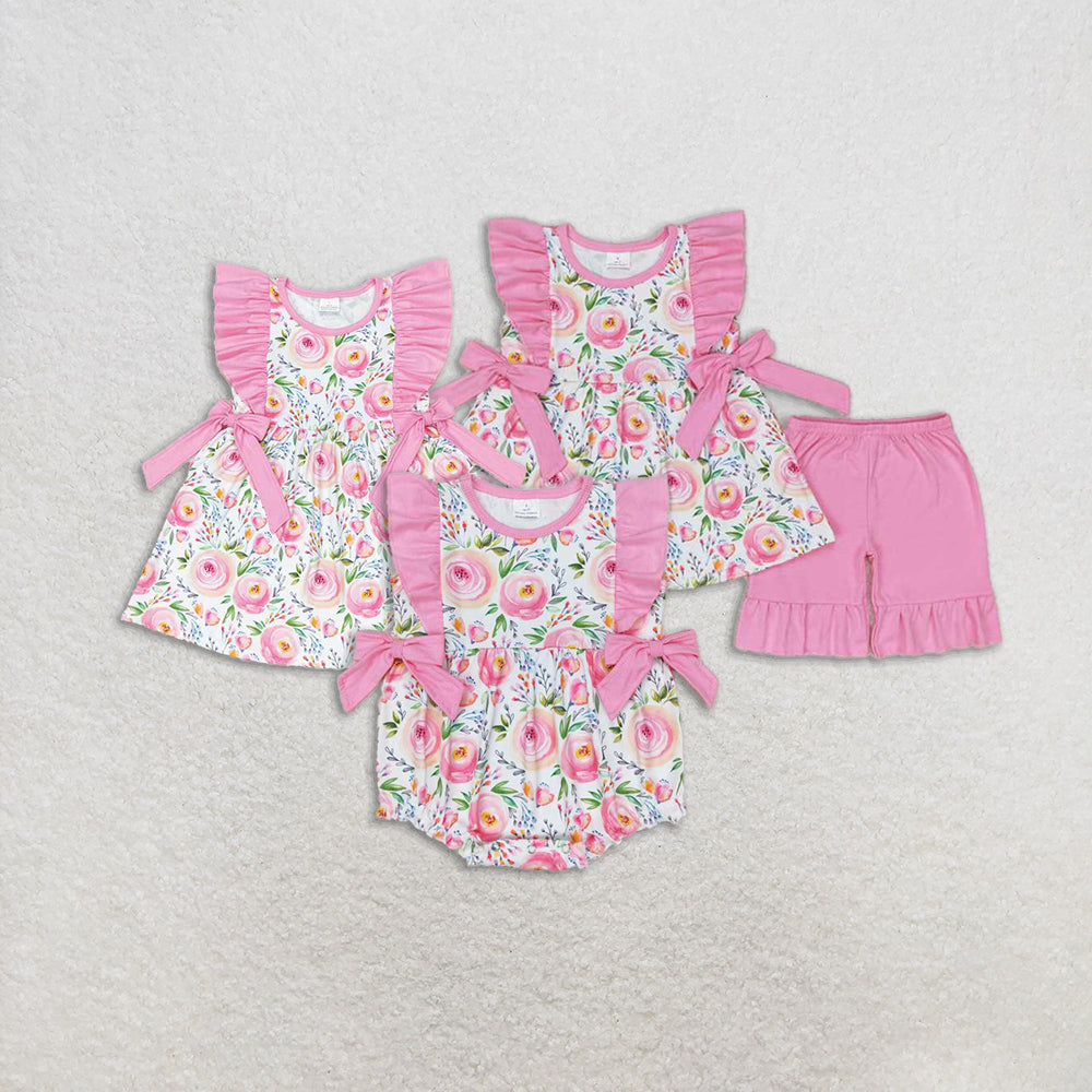 RTS NO MOQ baby Girls Clothes floral short sleeve shorts Sets and romper and dress