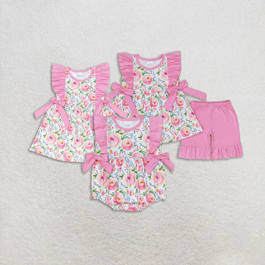RTS NO MOQ baby Girls Clothes floral short sleeve shorts Sets and romper and dress