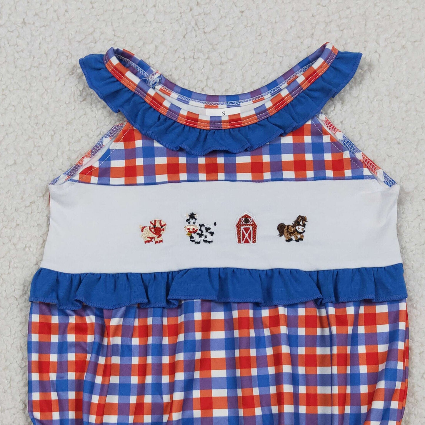 RTS NO MOQ milk silk SR3835 Baby Girls Farm Animal Embroidery Red Blue Checked Ruffle Rompers