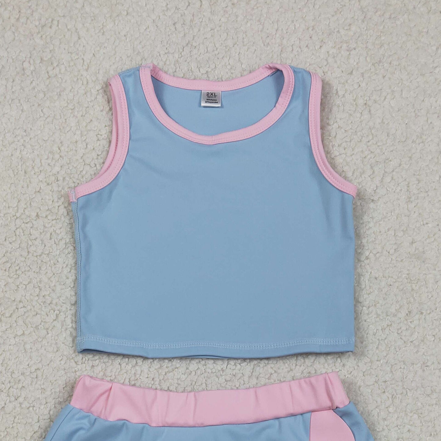 RTS NO MOQ yoga fabric cotton GSD4014 Baby Girls Summer Blue Pink Sleeveless Scallop Skirt Yoga Set