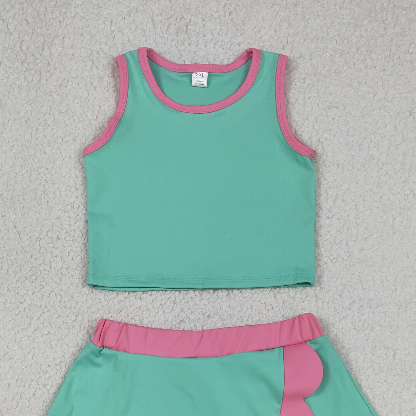 RTS NO MOQ yoga fabric cotton GSD4012 Yoga Baby Girls Cute Sleeveless Light Blue Vest Scallop Skirt Yoga Set