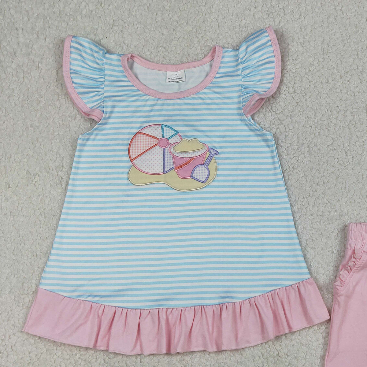 RTS NO MOQ GSSO3109 Baby Girls Blue Stripe Tunic And Shorts Set with Pockets Embroidery for Little Girls