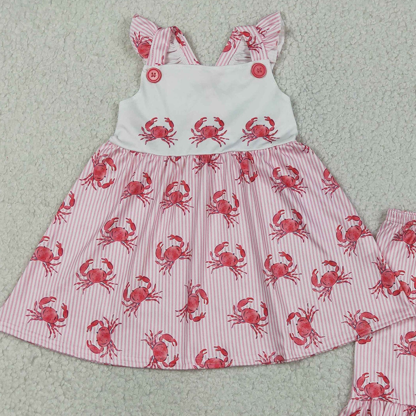 RTS NO MOQ GSSO3066 Baby Girls Cute Flutter Sleeve Pink Crab Stripe Tunic Ruffle Shorts