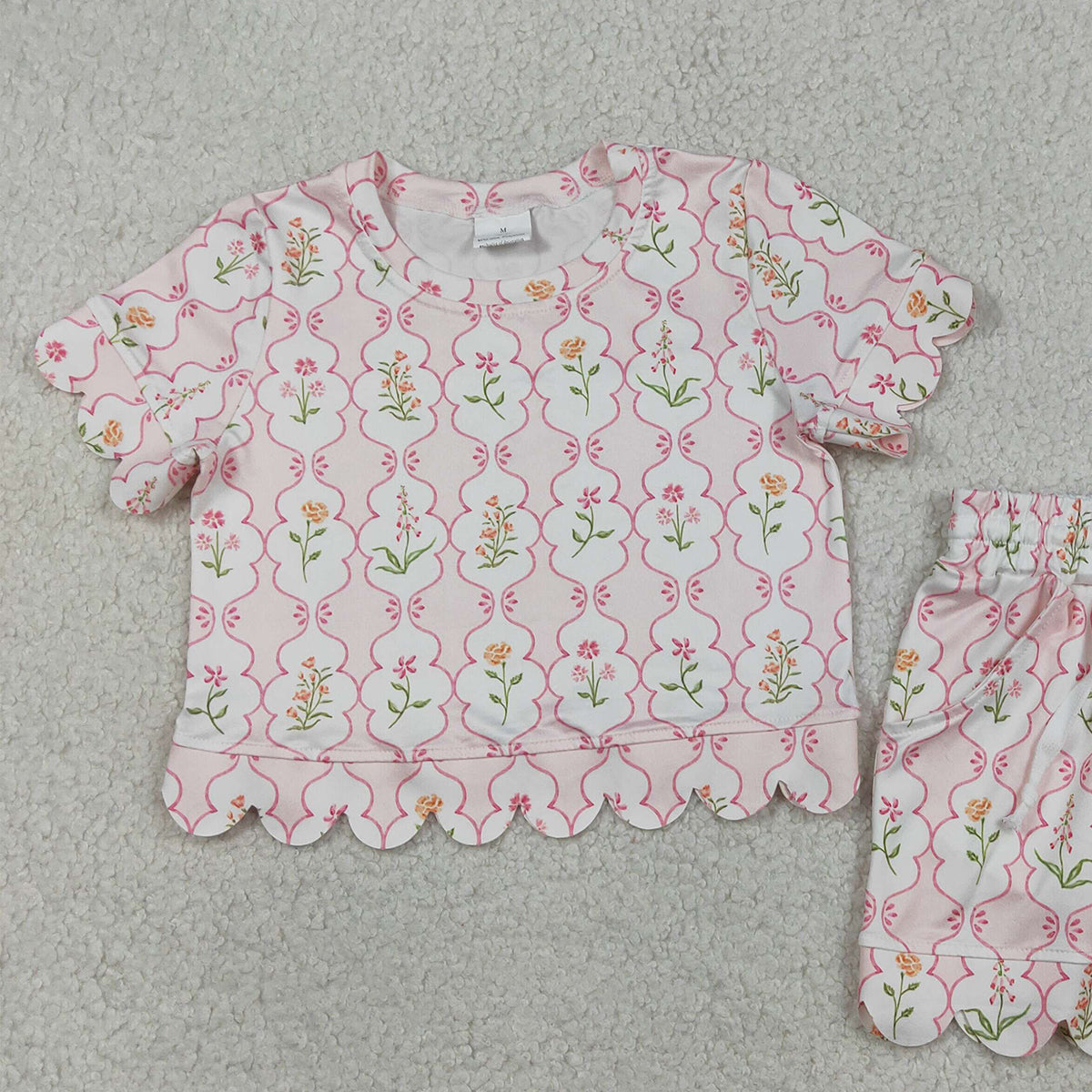 RTS NO MOQ GSSO3271 Baby Girls Colorful Flowers Checked Scallop Top And Shorts Set Cute Outfit Baby Girl Clothing Set