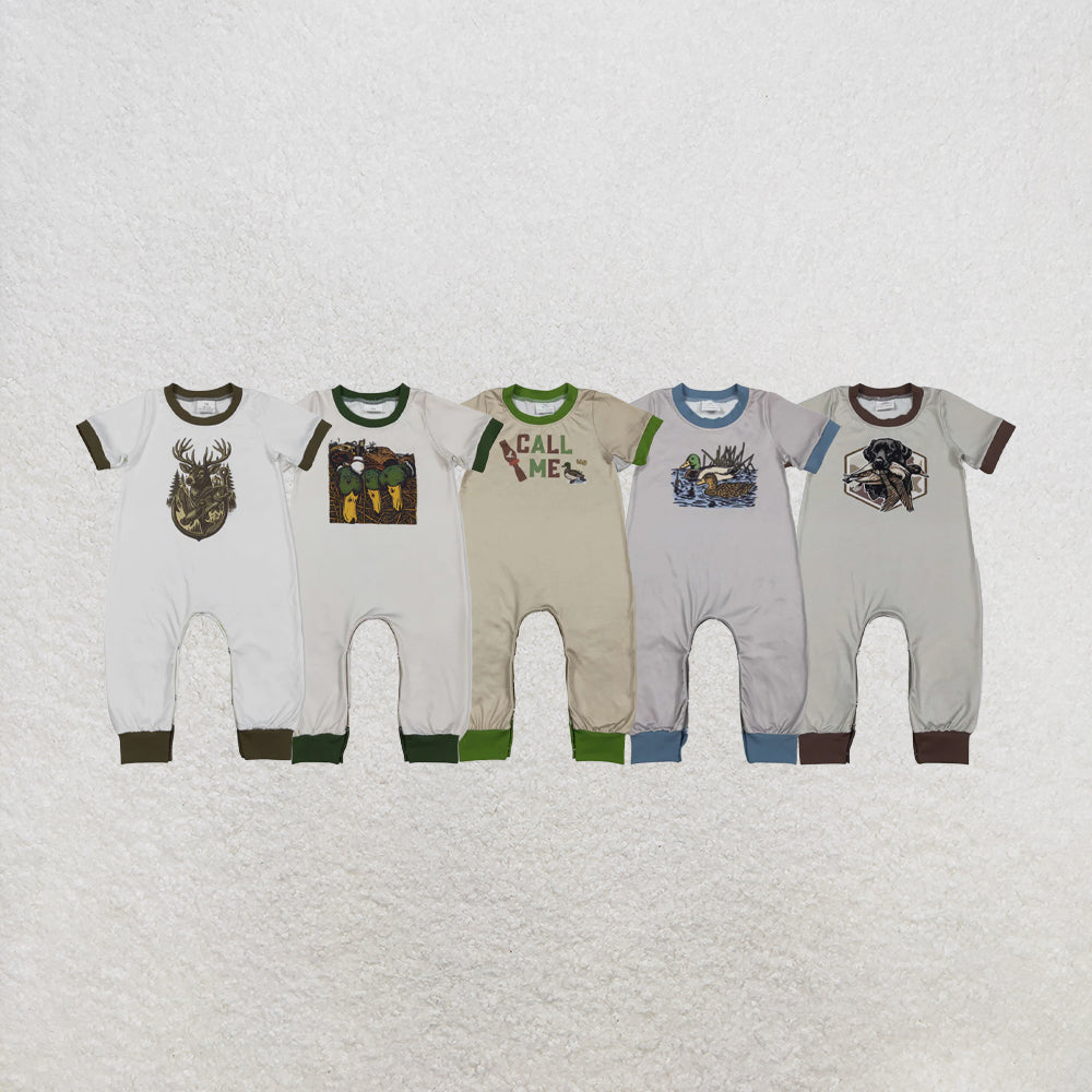 RTS NO MOQ Sibling Baby Boys Deer Fish Ducks Hunting Footie Rompers
