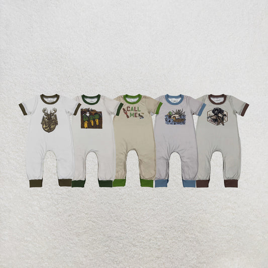 RTS NO MOQ Sibling Baby Boys Deer Fish Ducks Hunting Footie Rompers