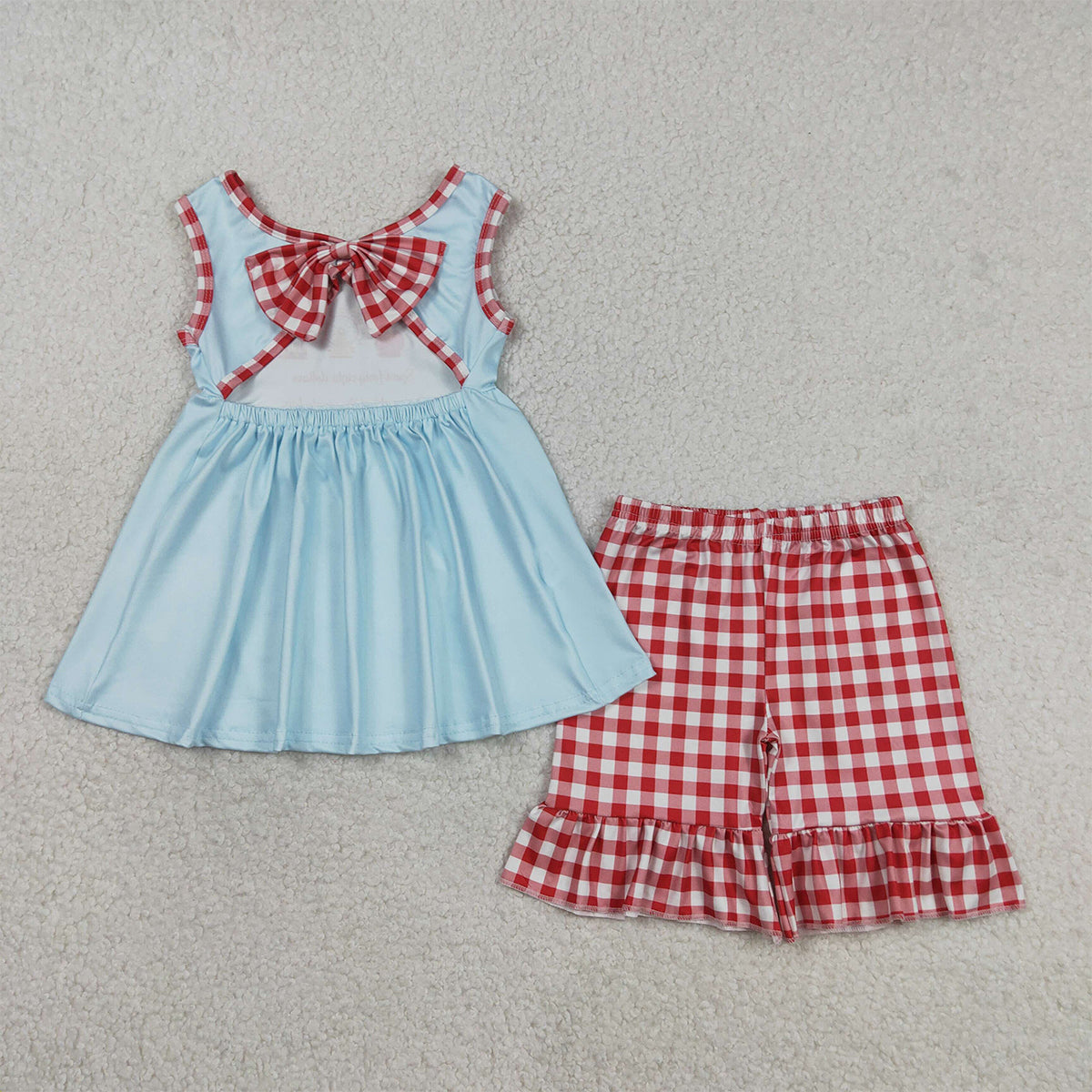 RTS NO MOQ GSSO2544 Baby Girls Red Checked Sleeveless Tunic with Ruffle Short Clothes Set Cute Baby Outfit for Girls