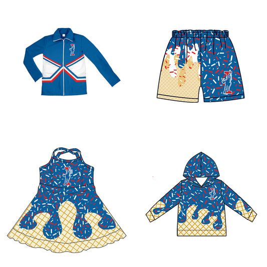 Custom moq 5 mix size milk silk baby girls clothes team bow blue hooded long sleeve tops and shorts and jacket and dress-25.7.26