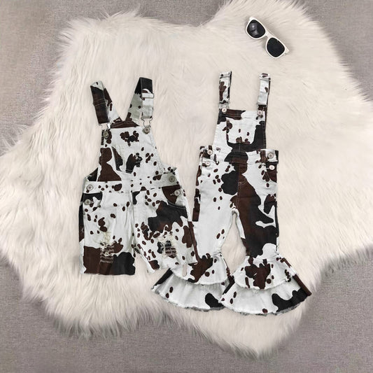 RTS NO MOQ Sibling baby girl clothes cow print camouflage denim overbell