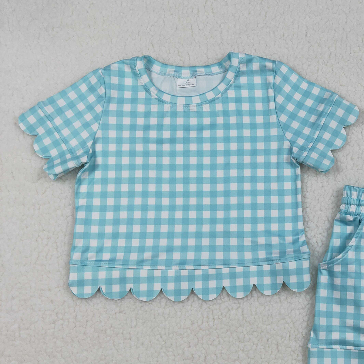 RTS NO MOQ GSSO3190 Baby Girls Blue Checked Shirt Top with Scallop Trim And Short Sleeve Matching Shorts Outfit Set