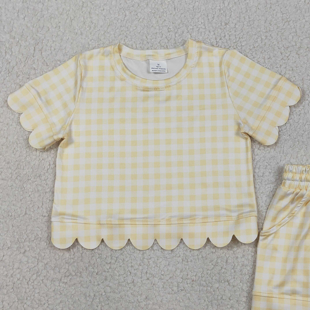 RTS NO MOQ Baby Girls Short Sleeve Yellow Checked Shirts Pockets Short Scallop Clothes Sets