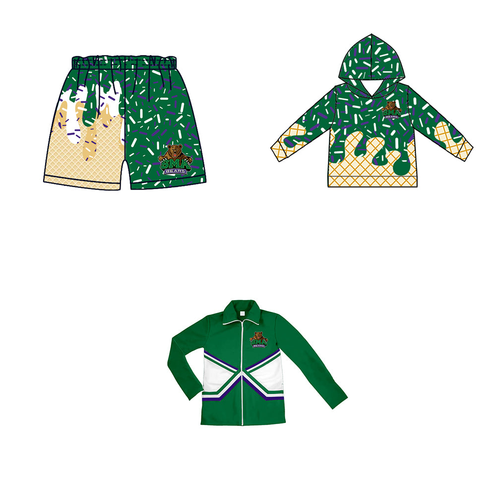 Custom moq 5 mix size milk silk baby girls clothes team bow green hooded long sleeve tops and shorts and jacket-25.7.24