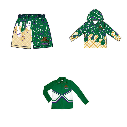 Custom moq 5 mix size milk silk baby girls clothes team bow green hooded long sleeve tops and shorts and jacket-25.7.24
