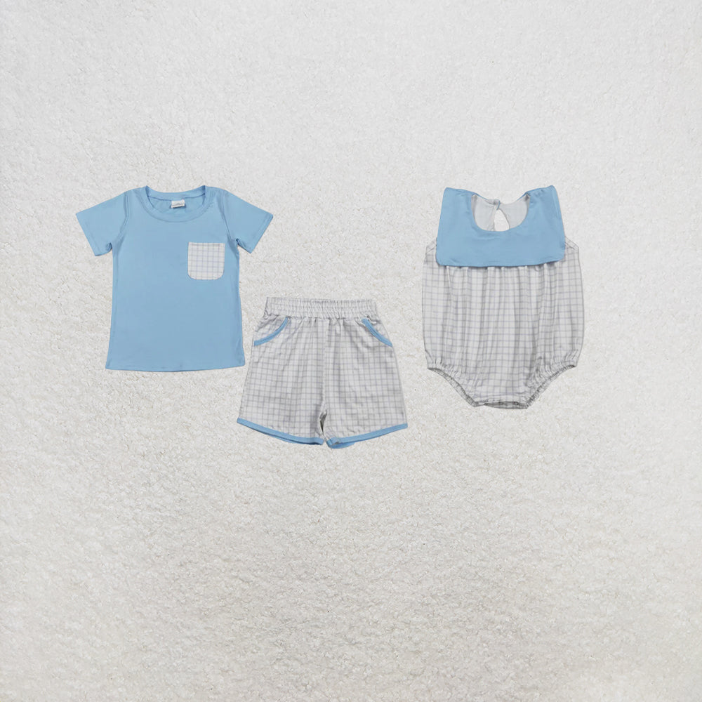 RTS NO MOQ Sibling Baby Boys Blue Short Sleeve Shirts Top Checked Pockets Shorts Clothes Sets