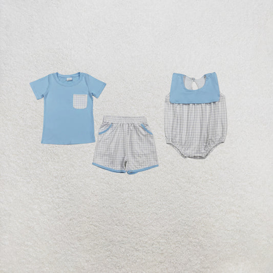 RTS NO MOQ Sibling Baby Boys Blue Short Sleeve Shirts Top Checked Pockets Shorts Clothes Sets