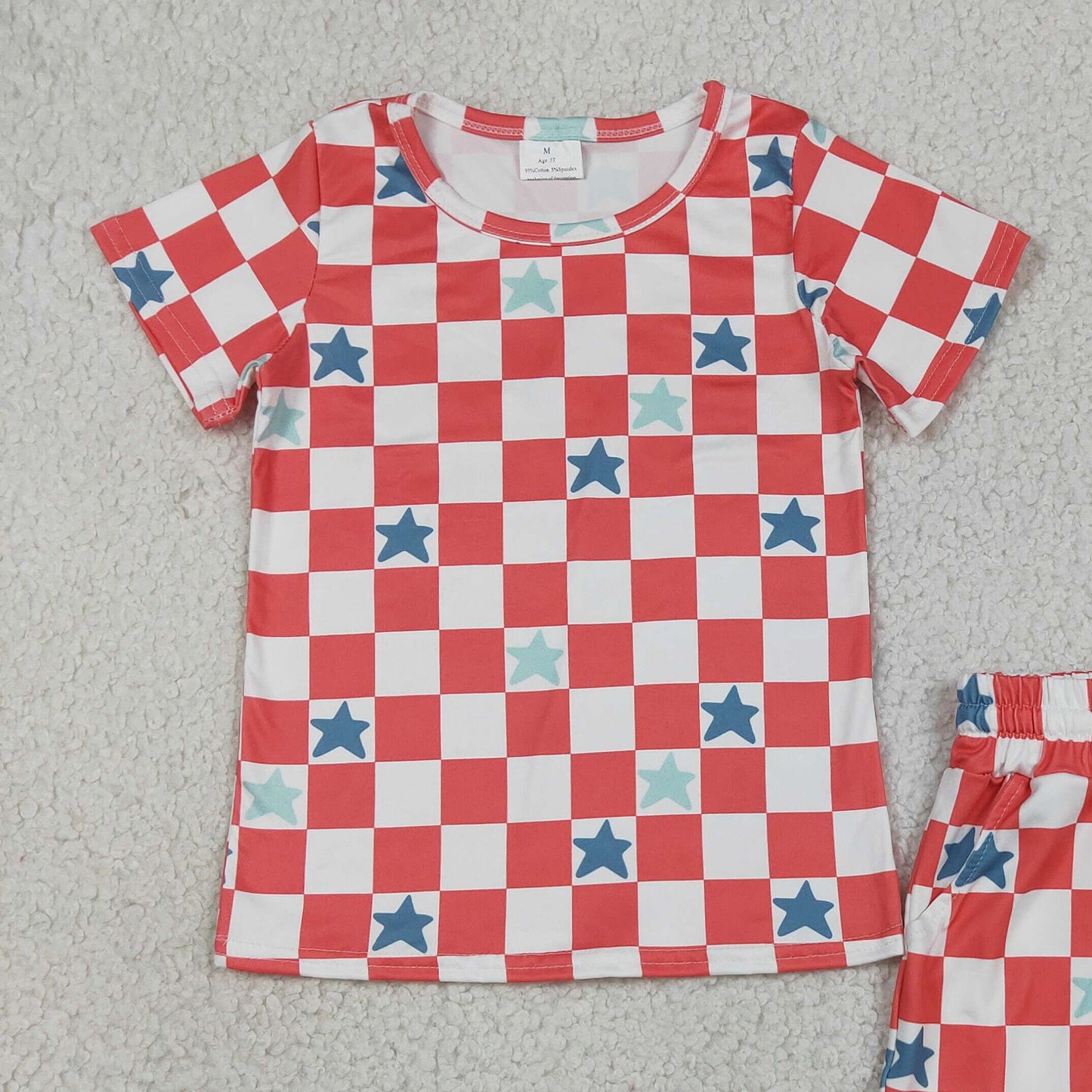 RTS NO MOQ milk silk GSSO3293 Baby Girls Red Checked Stars Top Pockets Ruffle Shorts 4th of July Clothes Sets