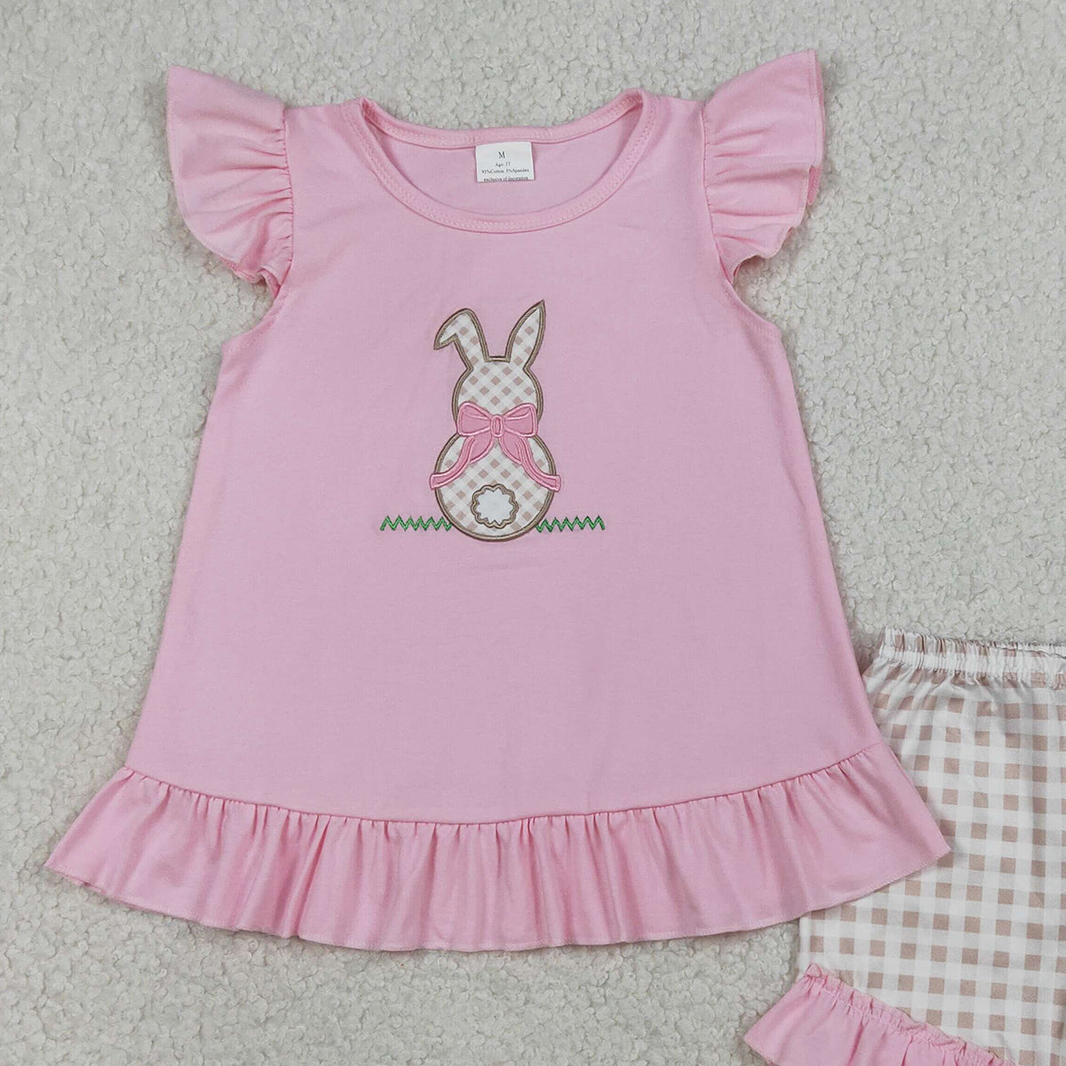 RTS NO MOQ GSSO0374 Baby Girls Pink Embroidery Rabbit Tunic with Checked Ruffle Shorts Outfit Set