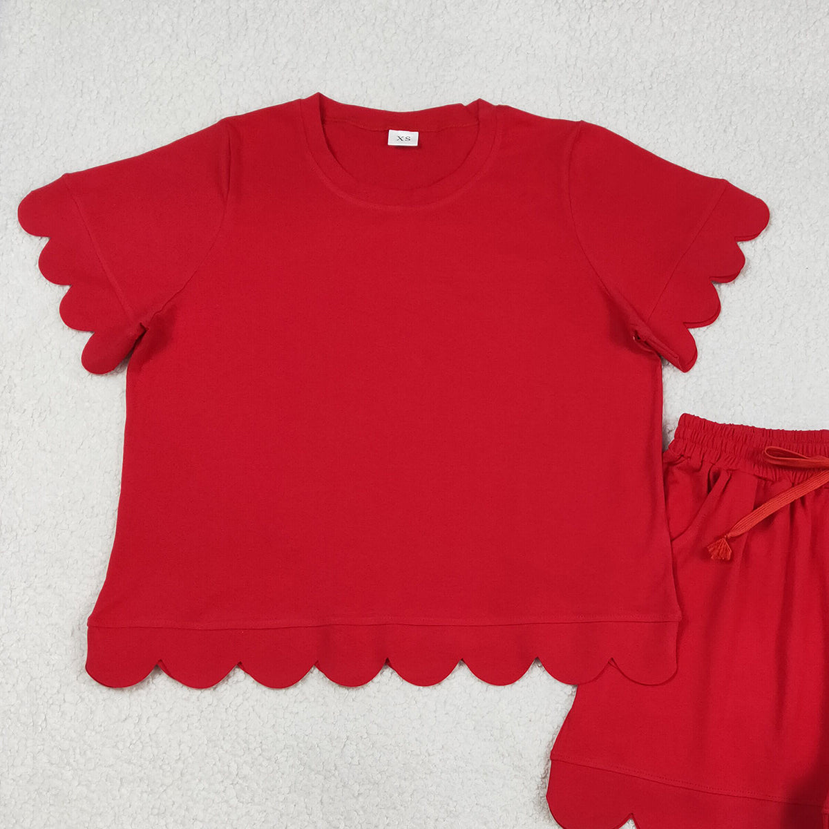 RTS NO MOQ GSSO3205 Adult Women's Red Scallop Short Sleeve Shirt Top with Matching Shorts