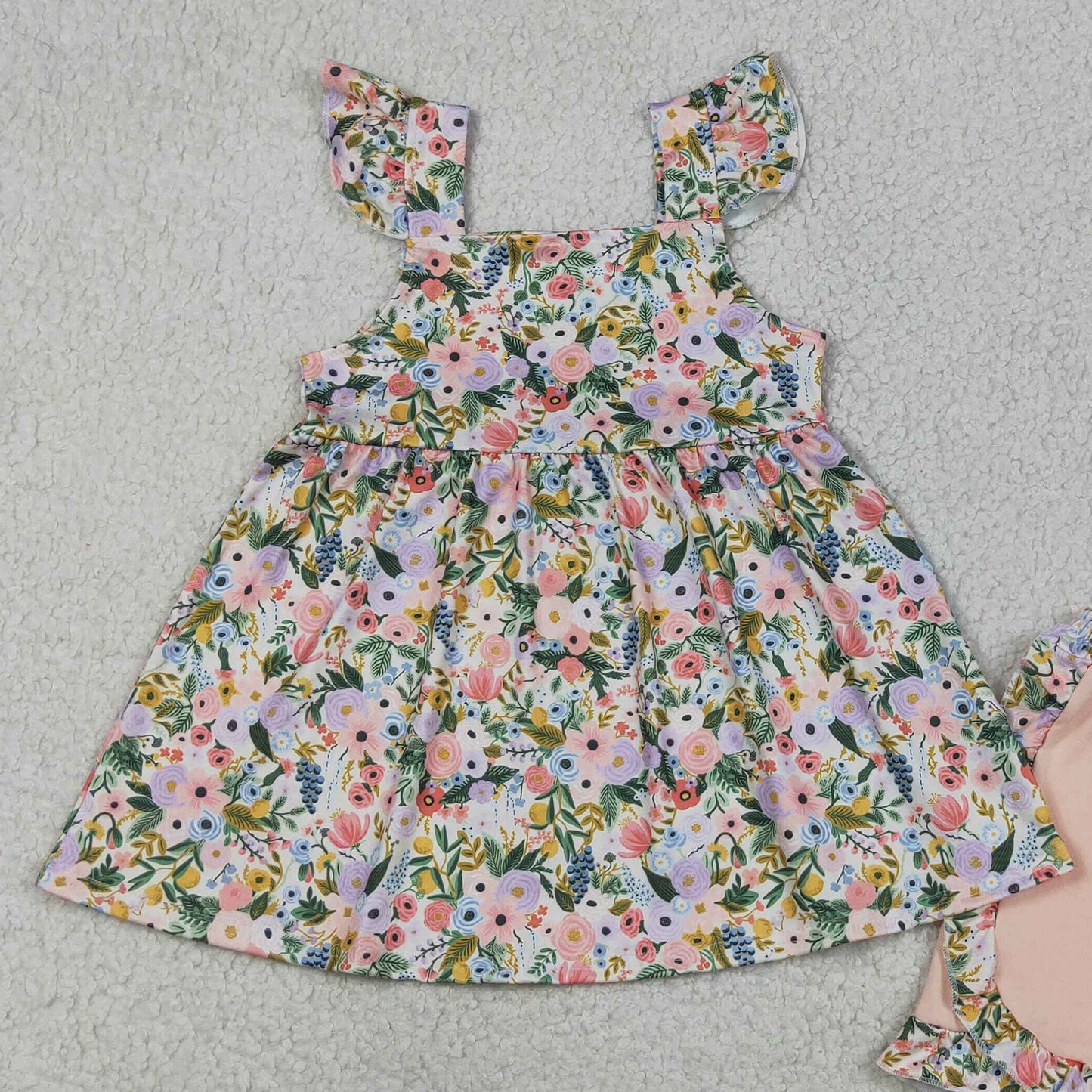 RTS NO MOQ milk silk GSSO2180 Baby Girls Colorful Flowers Flutter Sleeve Tunic Ruffle Shorts Sets