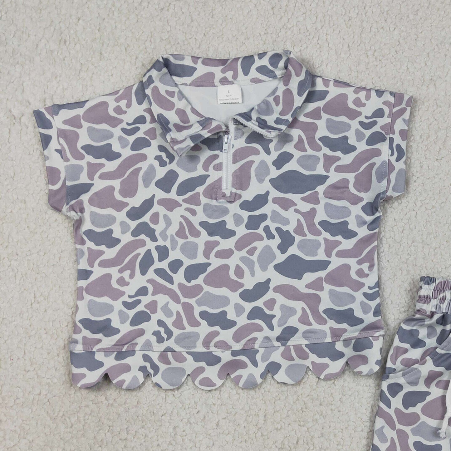 RTS NO MOQ milk silk GSSO3564 Baby Girls Light Grey Southern Camo Zip Front Top Scallop Hem Shorts Set