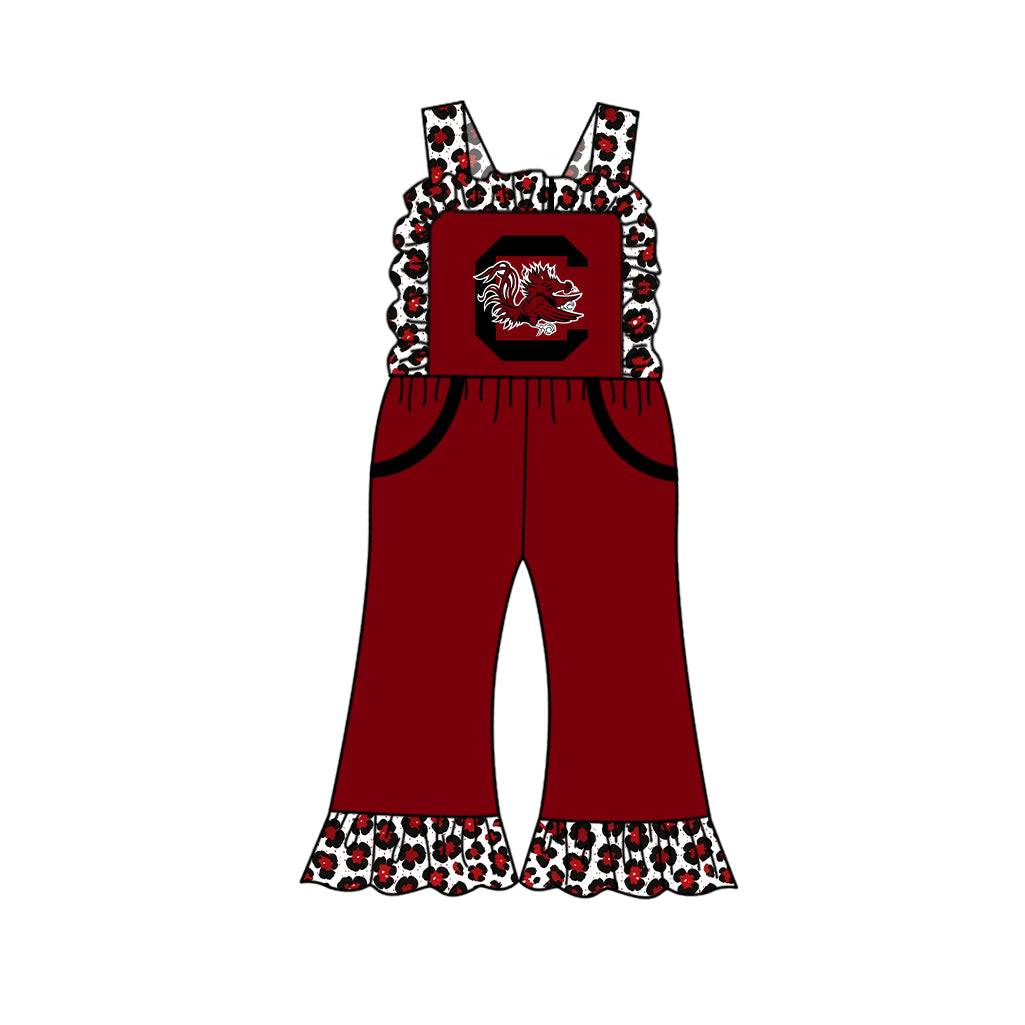 custom moq 5 mix size XY072305 Baby Girls Leopard Team Print Strap Jumpsuit