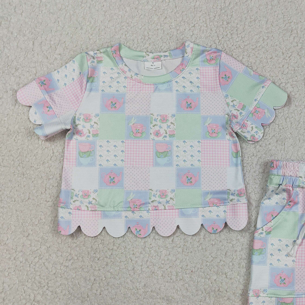 RTS NO MOQ GSSO3229 Baby Girls Colorful Flowers Checked Top with Scallop Shorts Outfit Set