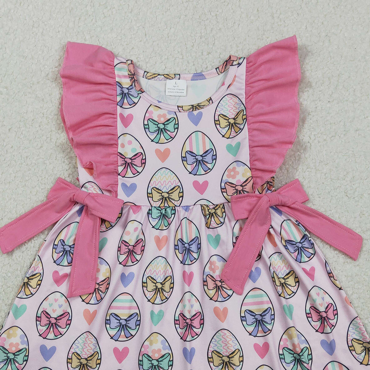 RTS NO MOQ GSD3537 Baby Girls Easter Knee-Length Dress with Flutter Sleeves Colorful Heart Eggs Design for Spring Fashionable Kids' Clothing