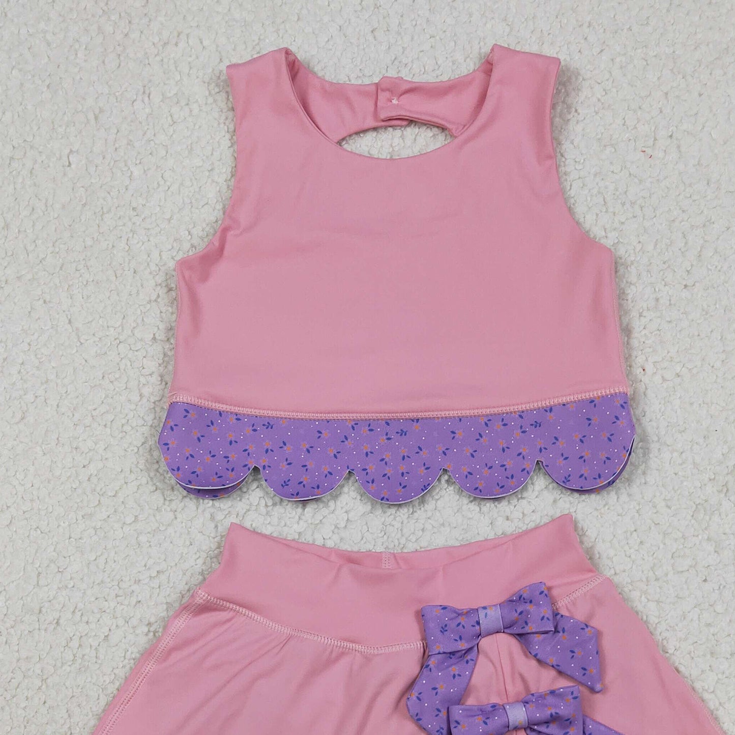 RTS NO MOQ yoga fabric GSD3319 Baby Girls Pink Purple Vest With Bows And Skort Scallop Trim Yoga Outfit
