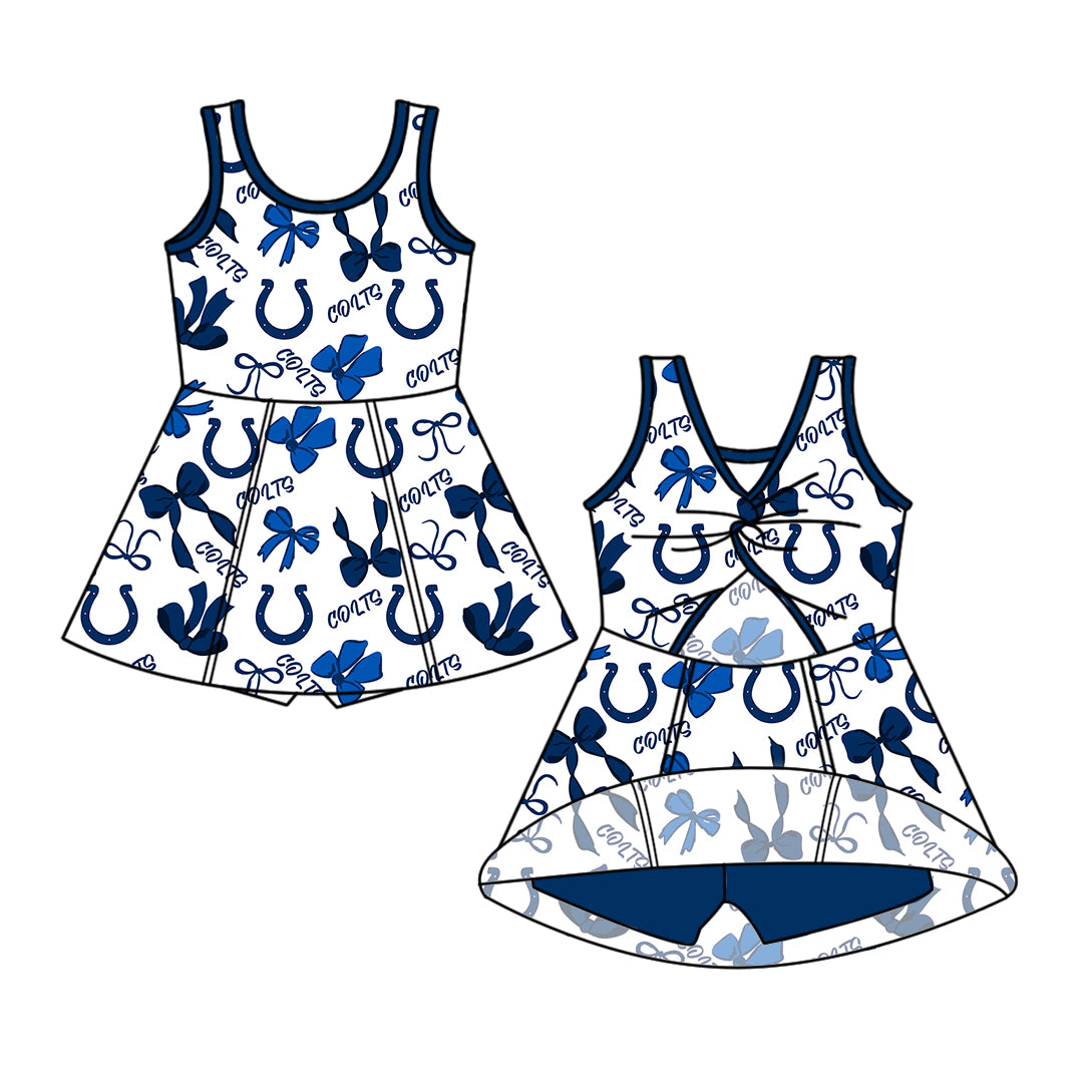 Custom moq 5 mix size milk silk summer teams Baby Girls Blue Bow Vest Top Skirt Shorts Sets Sleeveless Knee Length Dresses Yoga Shorts Active Outfit
