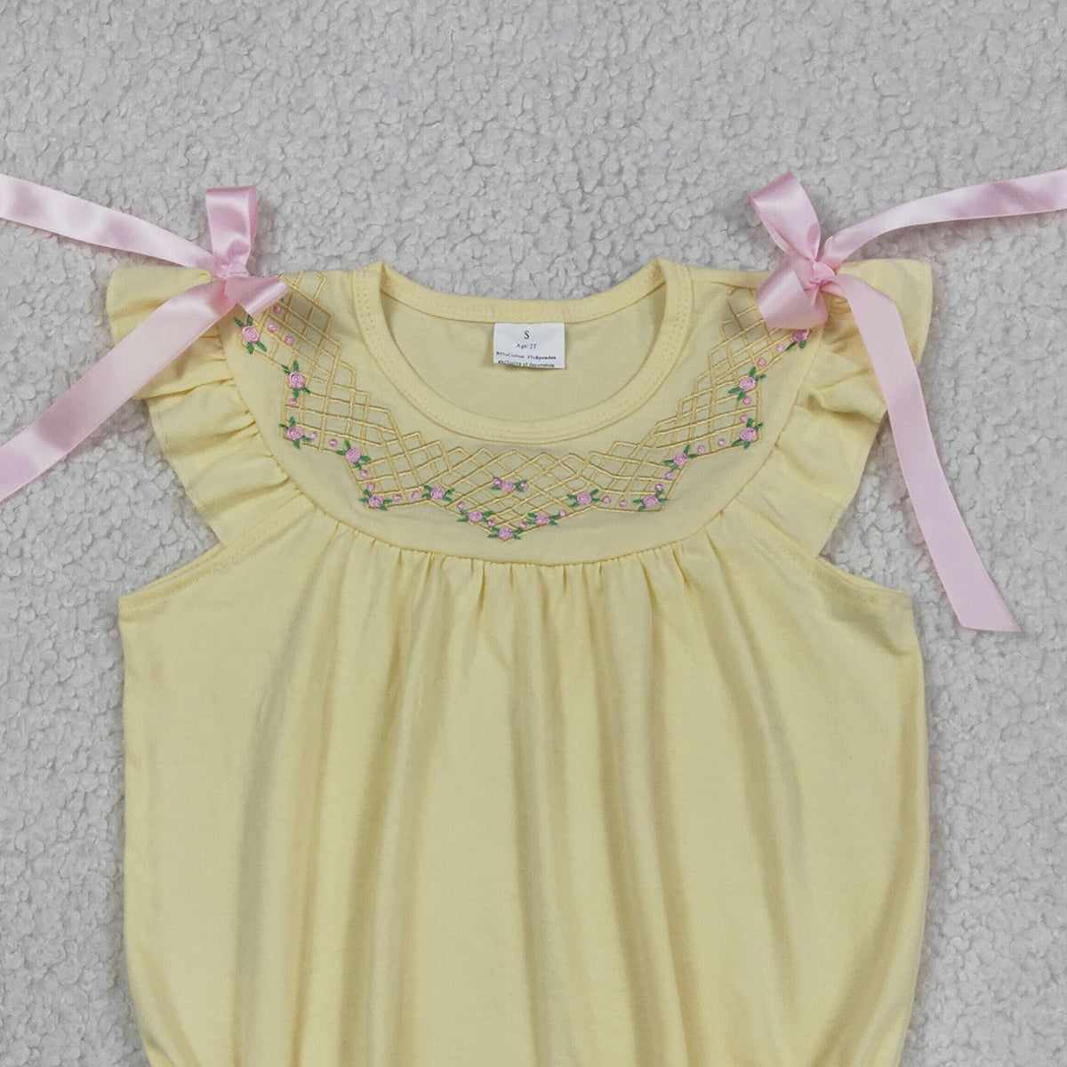 RTS NO MOQ SR3561 Embroidery Flowers Checked Baby Girls Bows Flutter Sleeve Ruffle Rompers