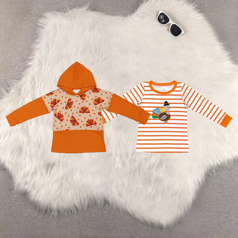 RTS NO MOQ Sibling baby boy clothes Embroidered turkey pattern orange and white stripes long sleeve top