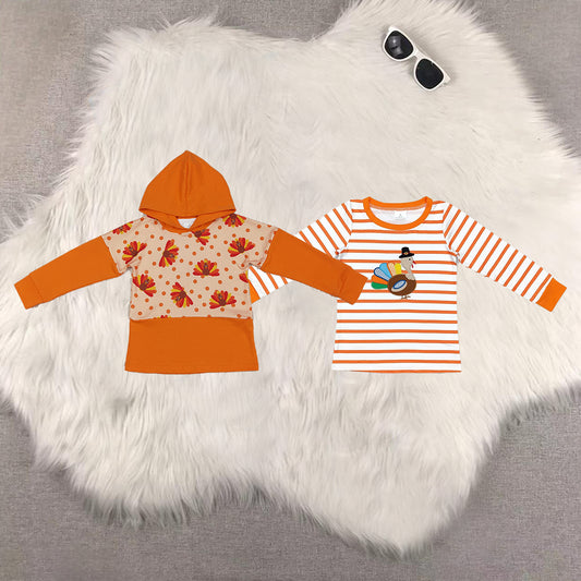 RTS NO MOQ Sibling baby boy clothes Embroidered turkey pattern orange and white stripes long sleeve top