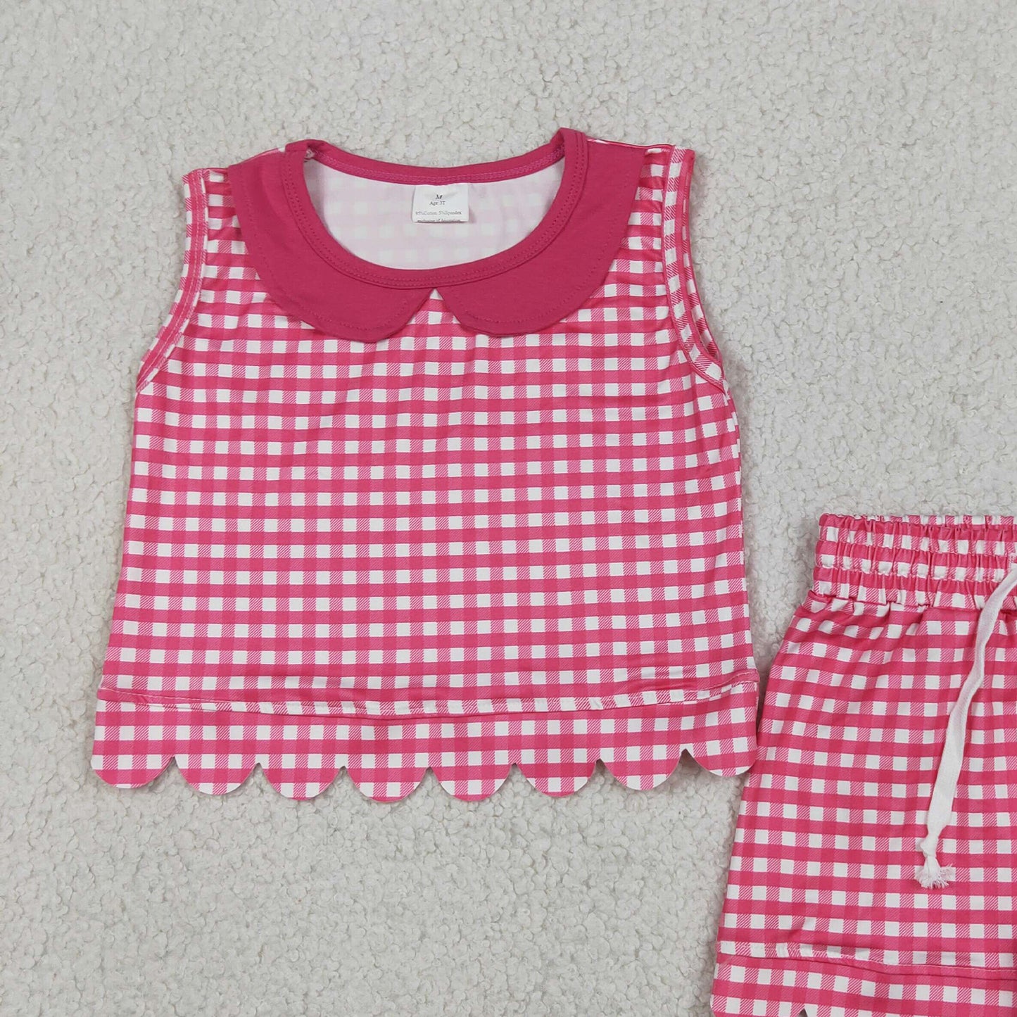 RTS NO MOQ milk silk GSSO3395 Baby Girls Cute Hot Pink Plaid Collar Sleeveless Two Piece Outfit
