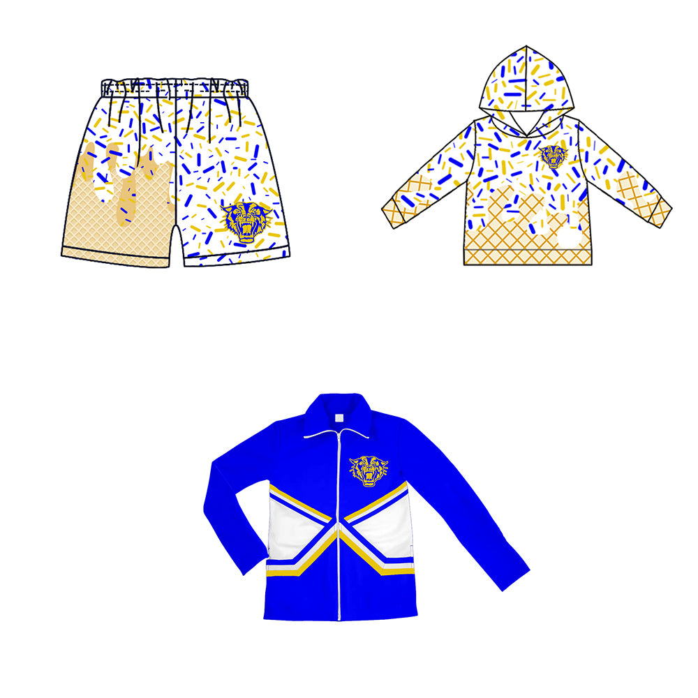 Custom moq 5 mix size milk silk baby girls clothes team bow blue hooded long sleeve tops and shorts and jacket-25.7.21
