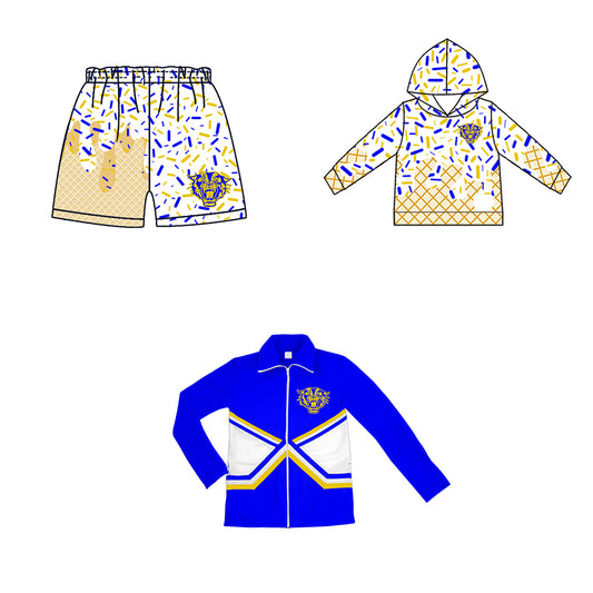 Custom moq 5 mix size milk silk baby girls clothes team bow blue hooded long sleeve tops and shorts and jacket-25.7.21