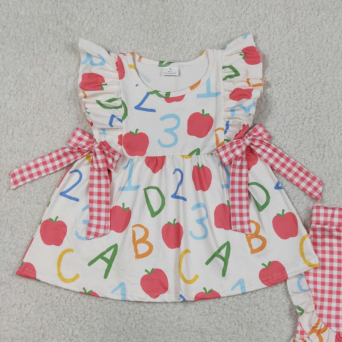 RTS NO MOQ GSSO3258 Infant Girls Cute Apple ABC Tunic Ruffle Short Back To School Clothes Set （2T-14-16T）