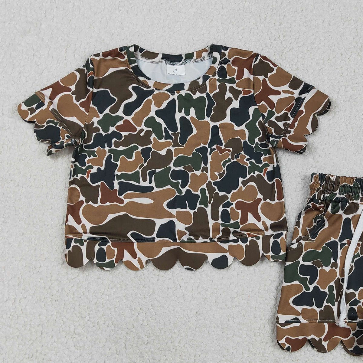 RTS NO MOQ GSSO3228 Baby Girls  Brown Camouflage Print Top with Scallop Shorts Outfit Set for Infants