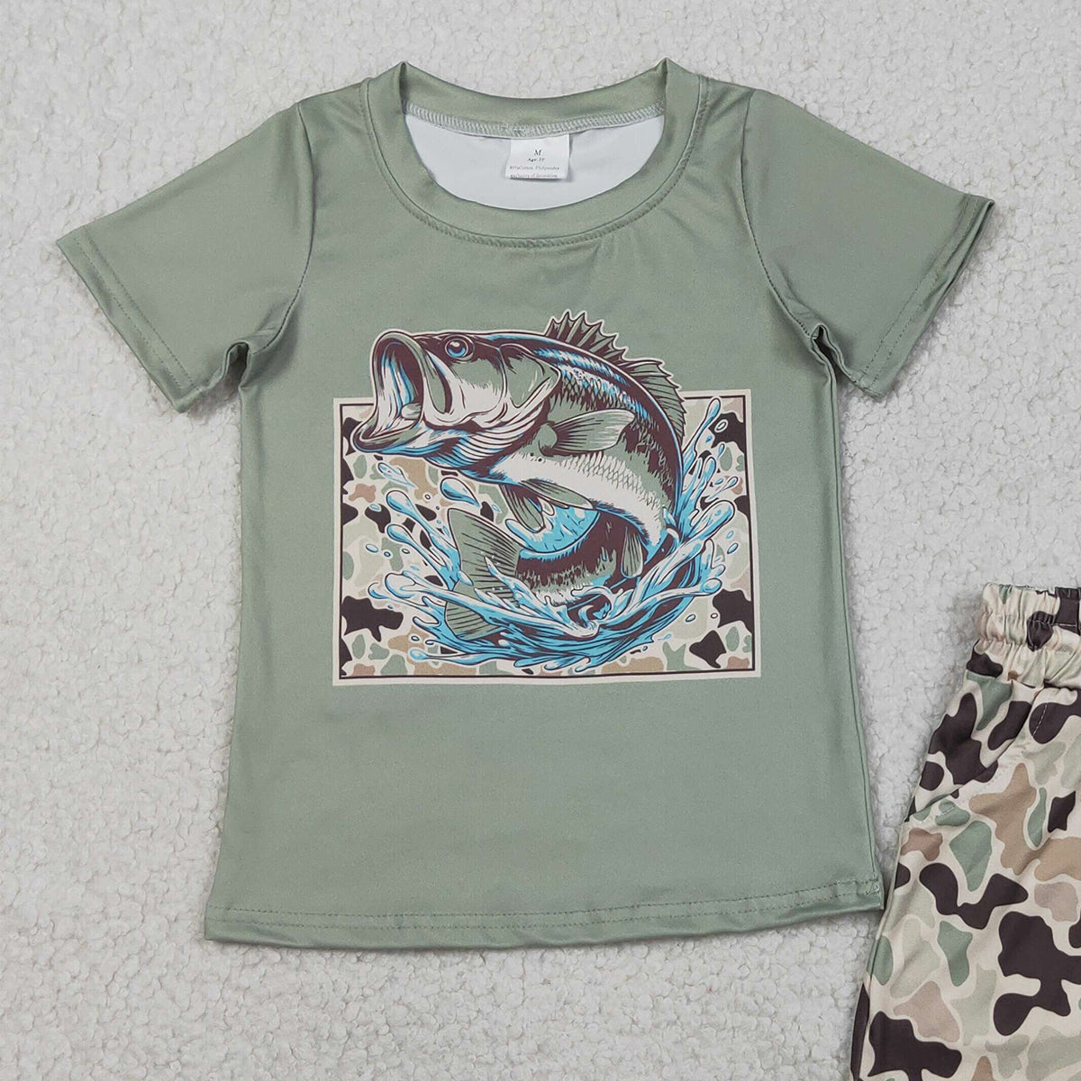 RTS NO MOQ BSSO1835 Baby Boys Green Camo Fishing Top with Pockets Shorts 2-Piece Clothing Set