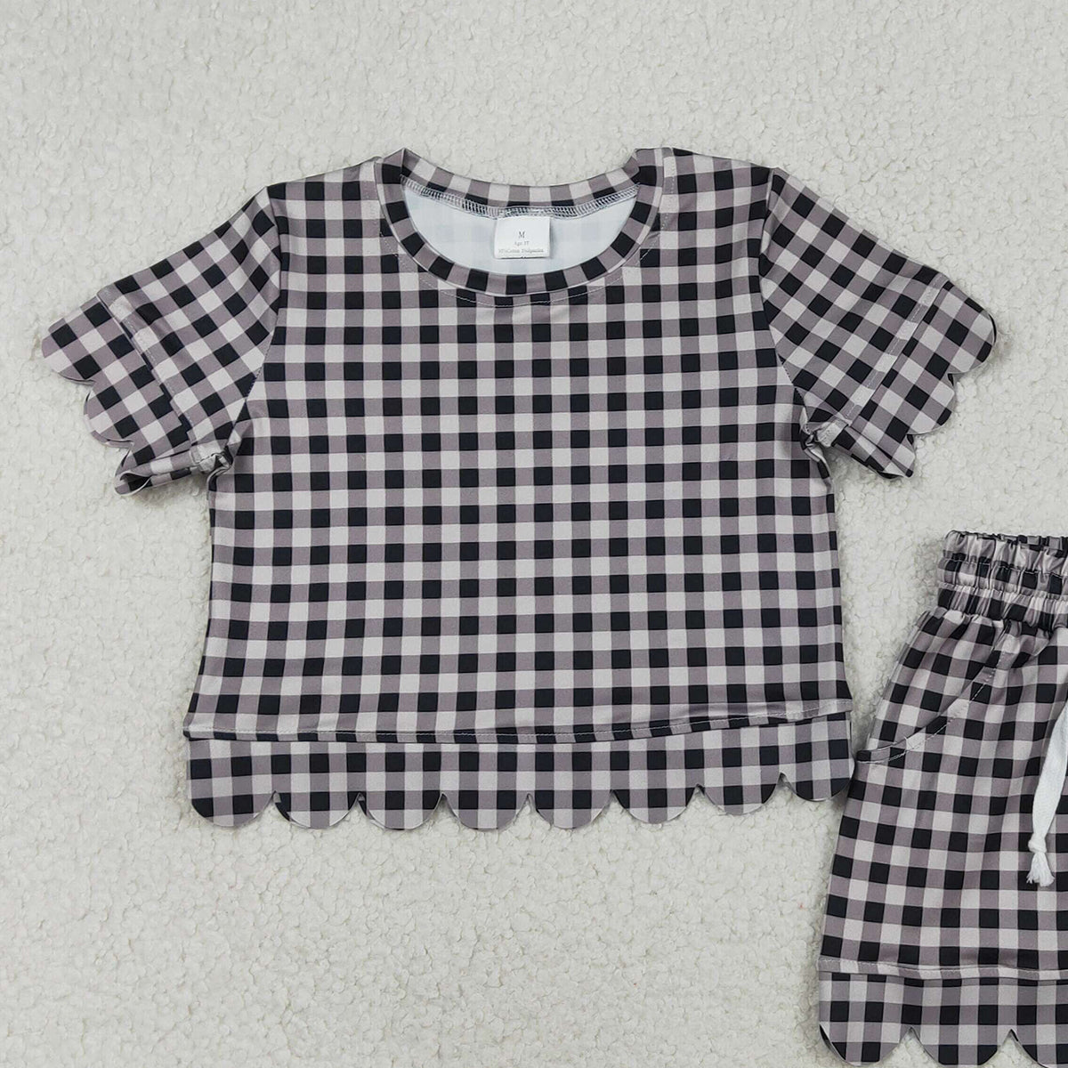 RTS NO MOQ GSSO3182 Baby Girls Black Checked Scallop Top And Shorts Set Short Sleeve Clothing Outfit for Little Girls