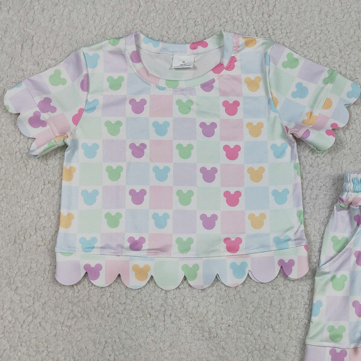 RTS NO MOQ GSSO3496 Cute Clothes Baby Girls Checked Top And Short Scallop Outfit Set Cute Animal Print Clothing