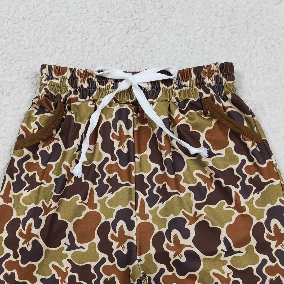 RTS NO MOQ SS0673 Baby Boys Olive Brown Ducks Camouflage Hunting Shorts with Pockets Bottom