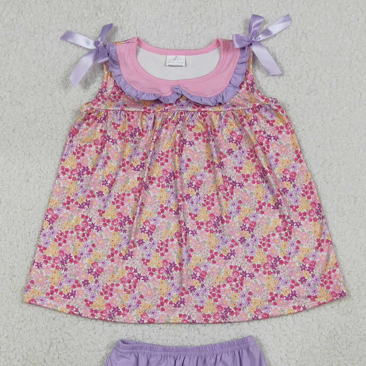 RTS NO MOQ GBO0507 Baby Girls Sleeveless Flowers Collar Tunic Bummies Outfit Set Cute Baby Girl Clothing Set