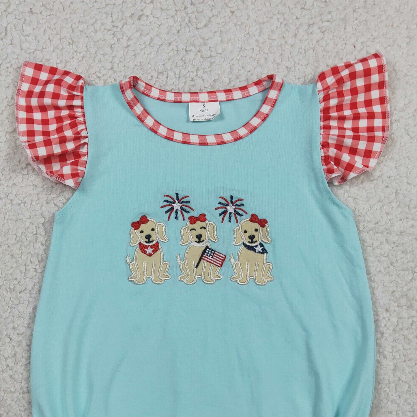 RTS NO MOQ milk silk SR4051 Baby Girls Cute Embroidery Dogs Flags Ruffle Flutter Sleeve Rompers