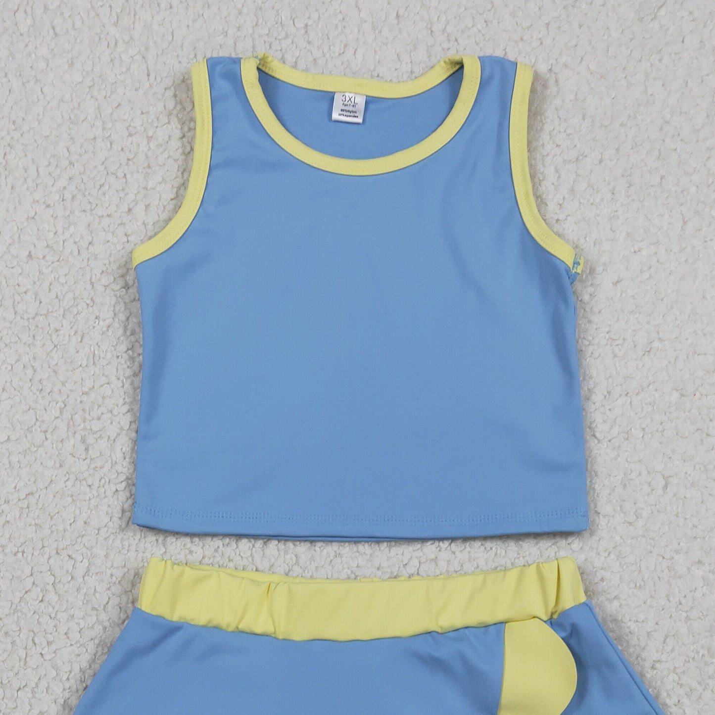 RTS NO MOQ yoga fabric cotton GSD4022 Baby Girls Cute Blue Yellow Sleeveless Vest Scallop Skirt Active Set