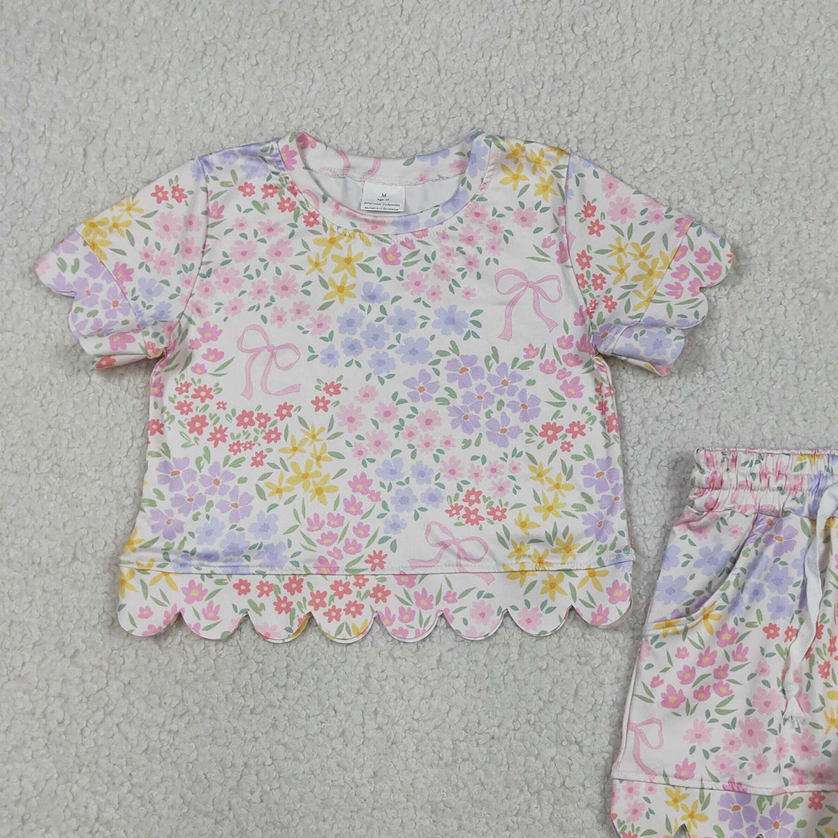 RTS NO MOQ GSSO3270 Toddler Girls Sweet Colorful Flowers Bow Top Pocket Scallop Shorts Outfit