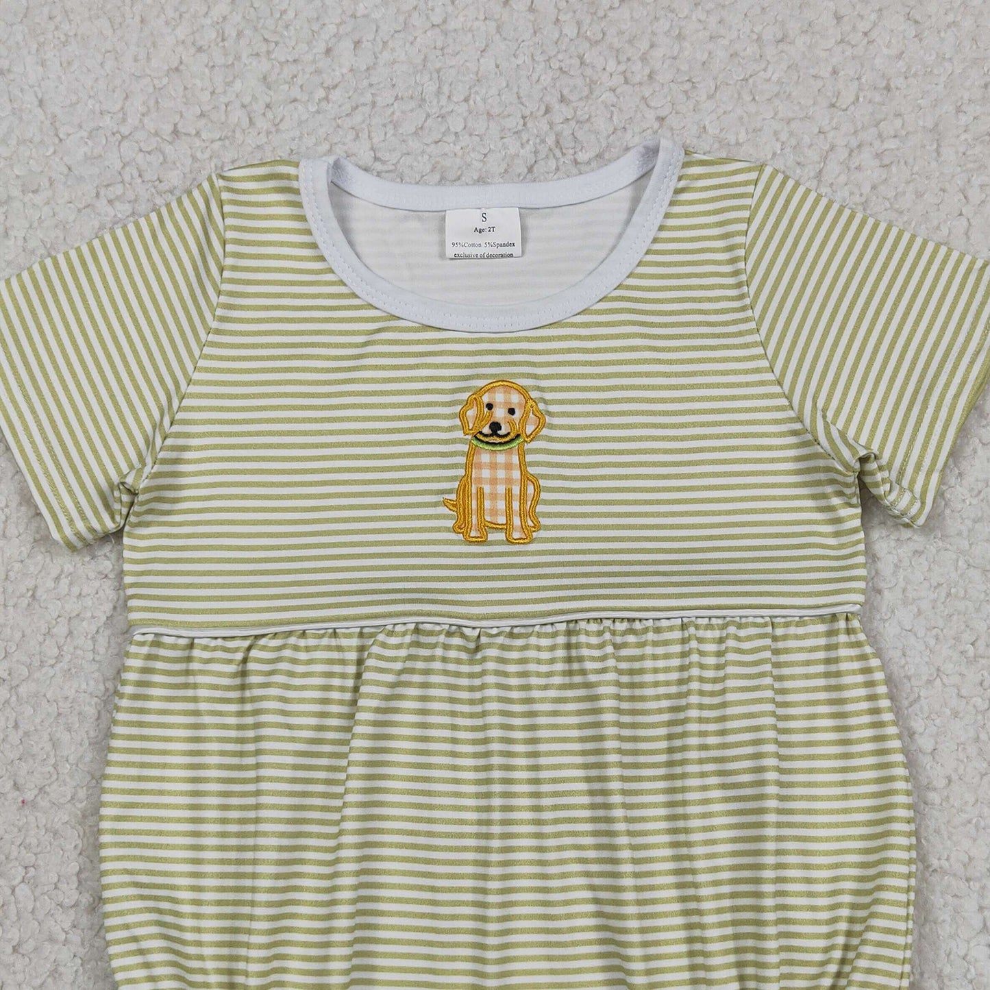 RTS NO MOQ milk silk SR4140 Baby  Boys Embroidery Dog Short Sleeve Stripe Hunting Rompers